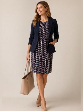 London Times Nautical Boat Print Shift Dress Navy Orange Work Summer S